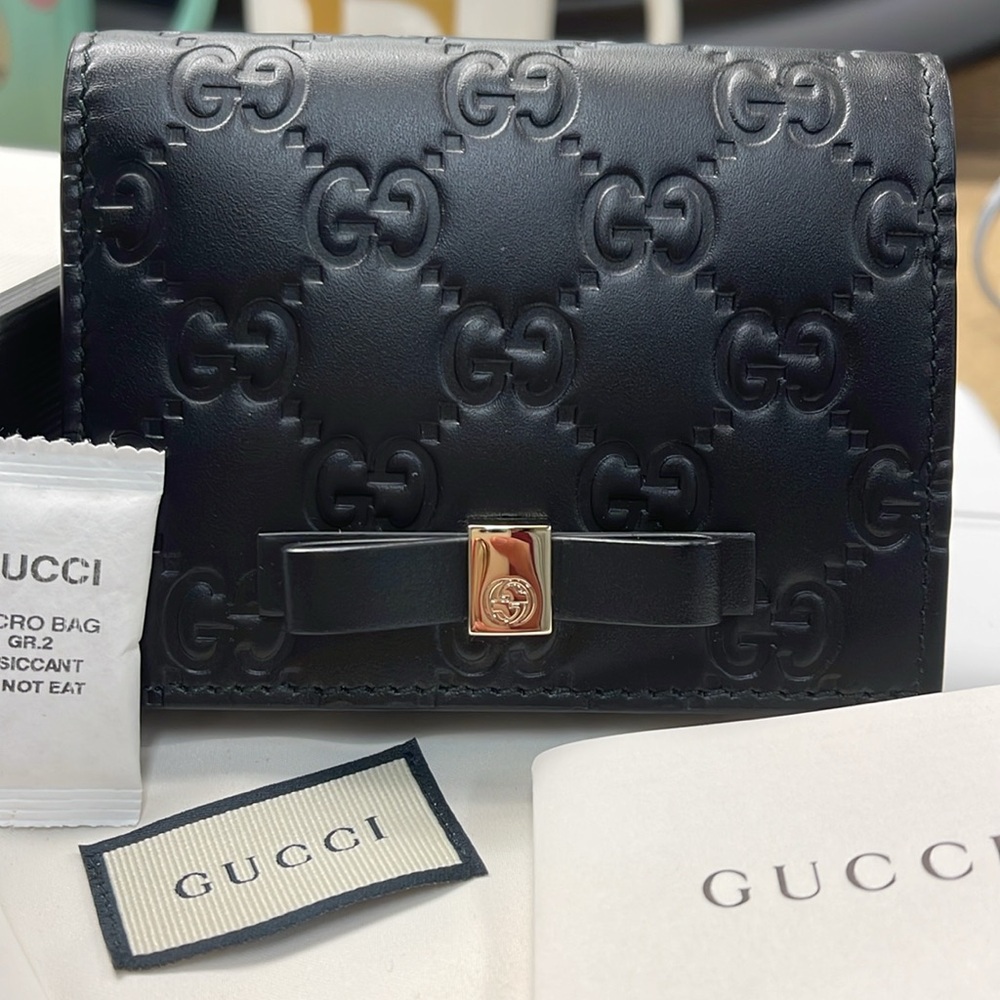Gucci Black Embossed Leather Wallet with Bow